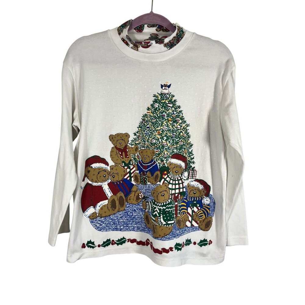 Vintage Christmas‎ Bear Sweatshirt White L Festive Holiday Plaid Preppy 80s